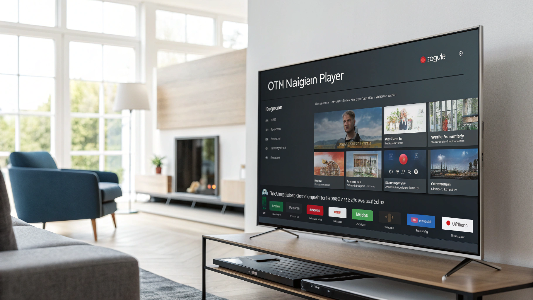 OTT Navigator Player interface op een Android TV met IPTV-kanalen