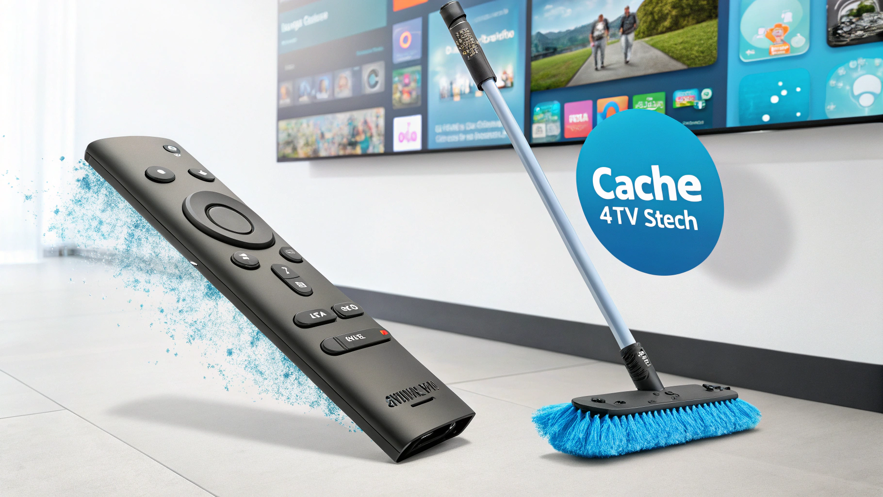 Illustratie van een Firestick met een schoonmaakwolk voor cache wissen