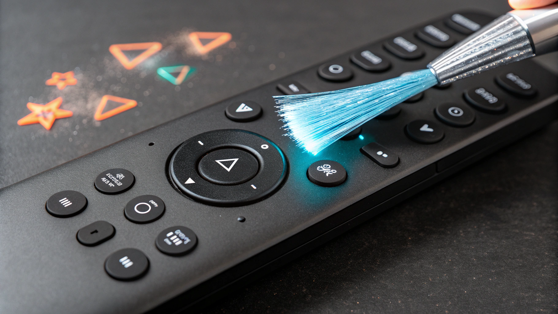 Illustratie van een Firestick afstandsbediening met een schoonmaakicoon voor cache wissen