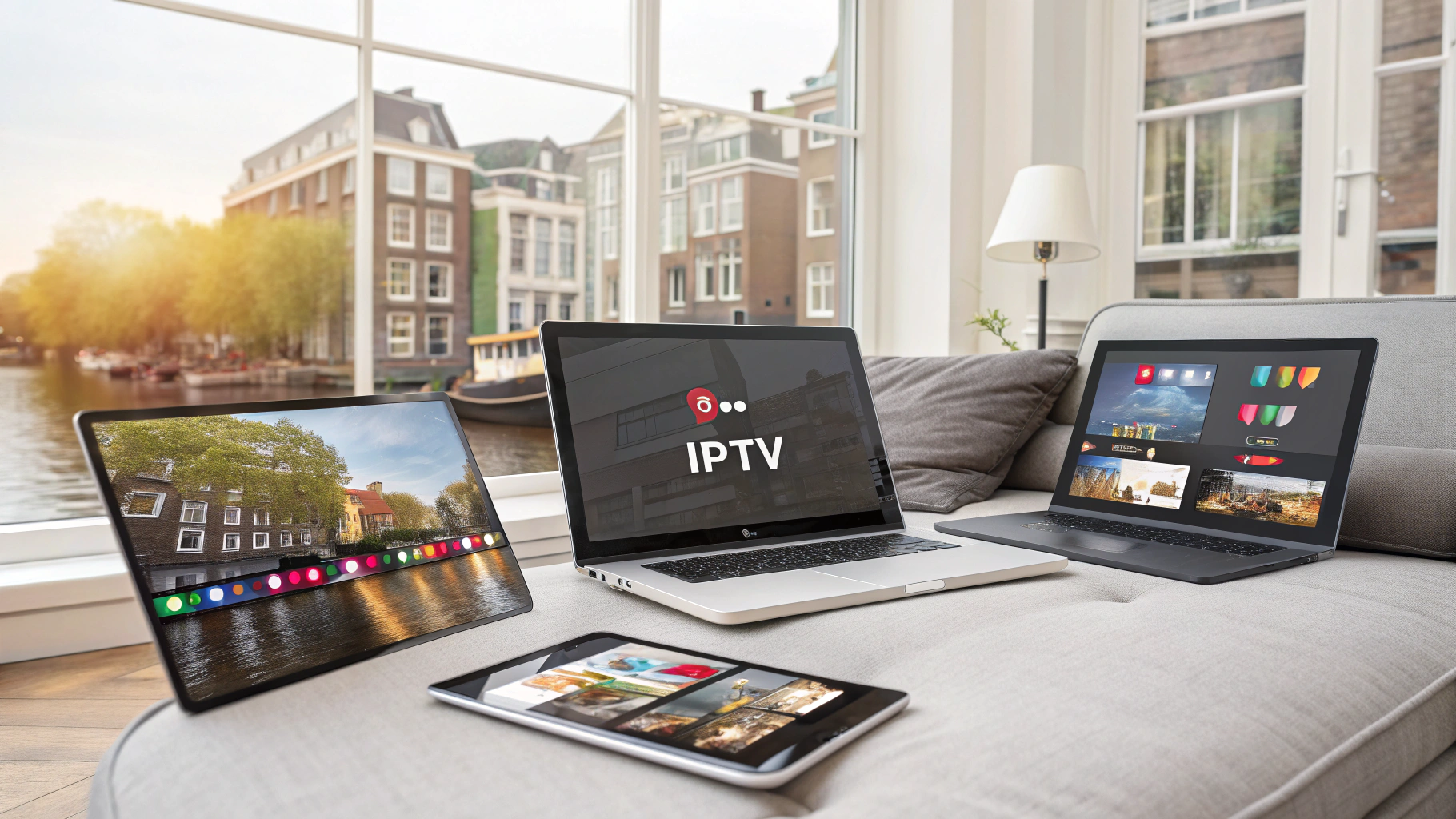 Illustratie van IPTV streaming op verschillende apparaten in een Nederlands huishouden