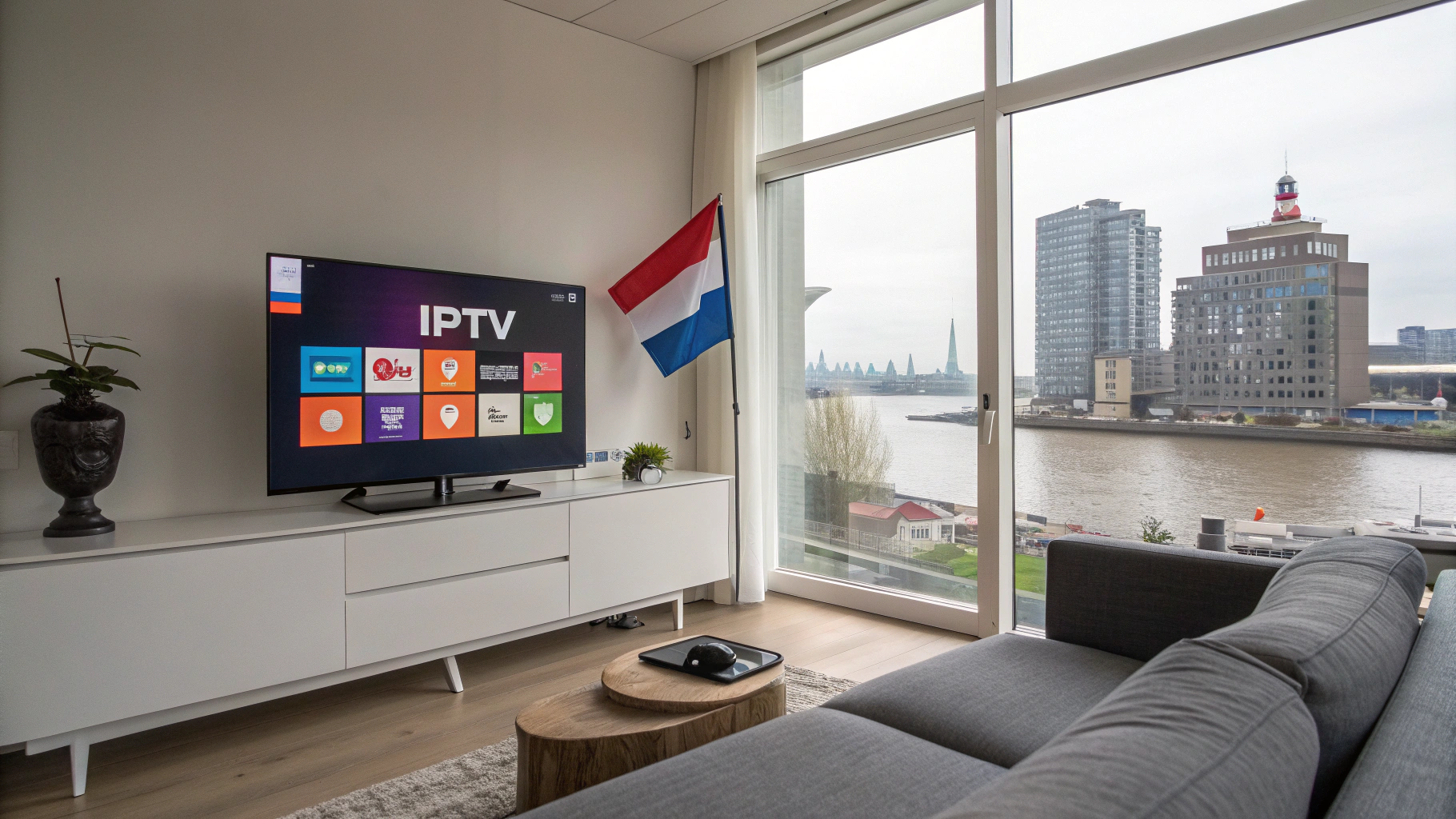 Illustratie van een Nederlandse tv met IPTV en VPN verbinding
