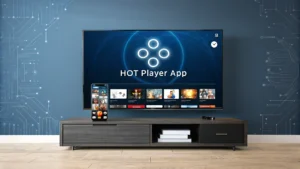 Hot Player App installatie interface op een televisie en smartphone in 2025