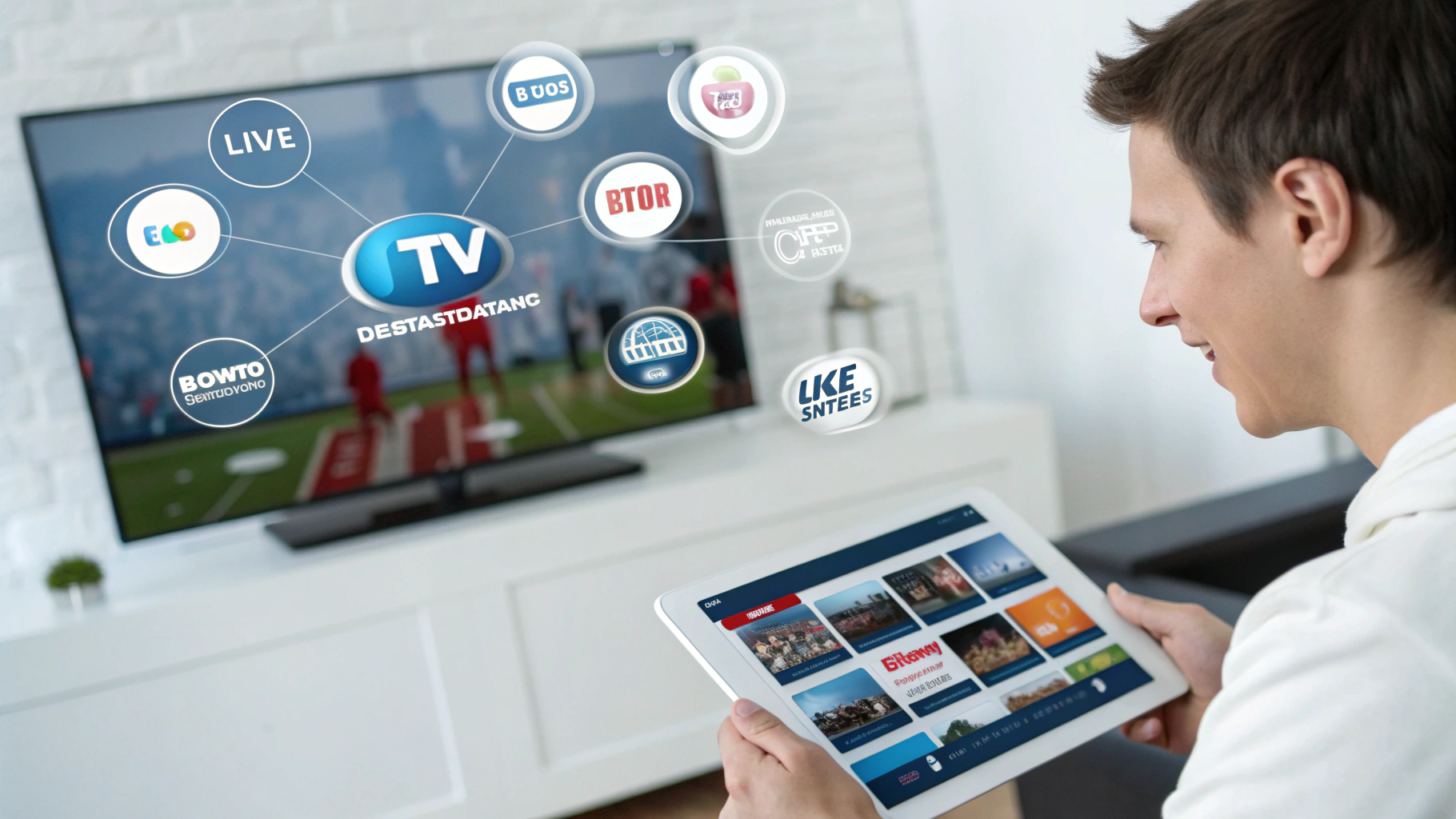 Illustratie van een persoon die op een tablet verschillende IPTV-abonnementen vergelijkt