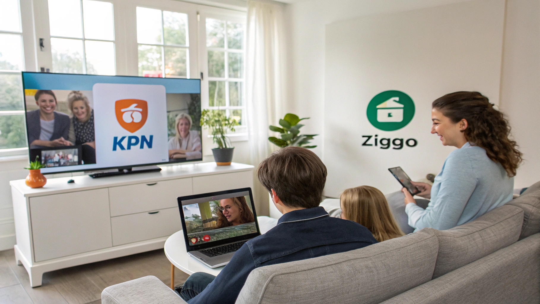 Illustratie van legale IPTV streaming op verschillende apparaten in een Nederlandse woonkamer