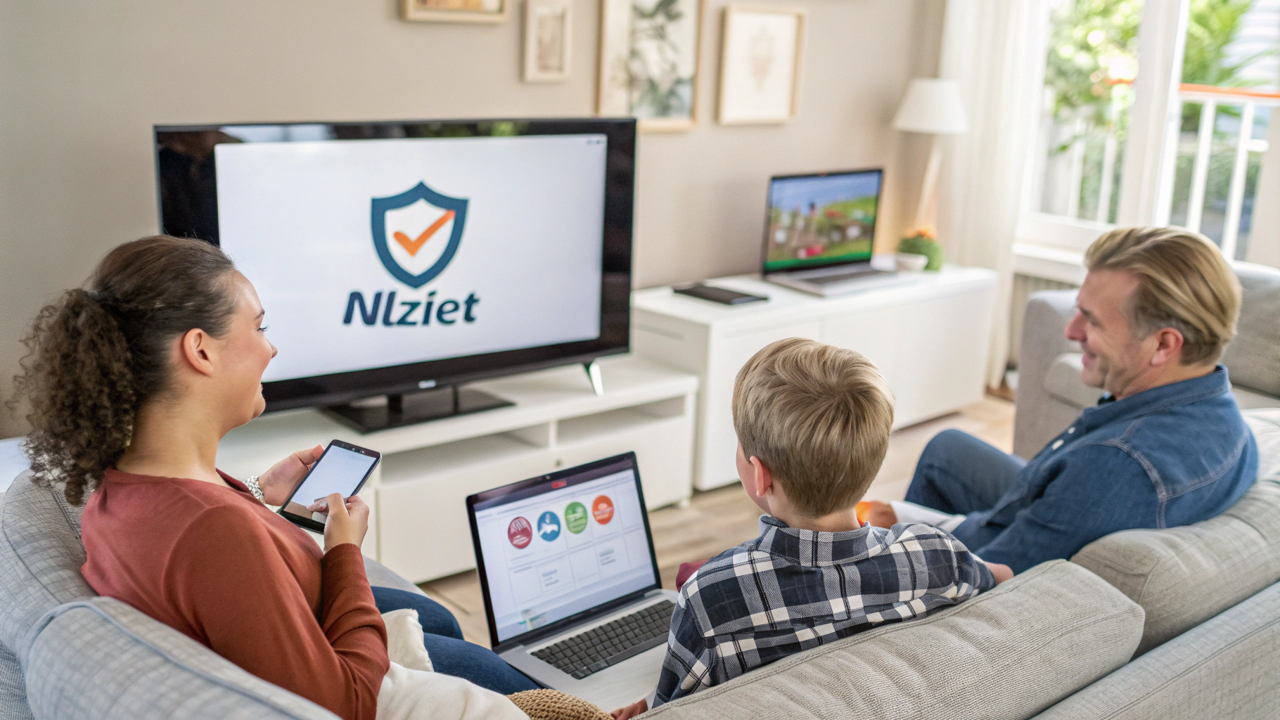 Illustratie van legale IPTV streaming op verschillende apparaten in een Nederlandse woonkamer